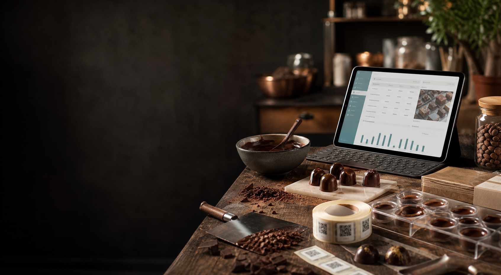 Chocolate workshop bench with digital production tools